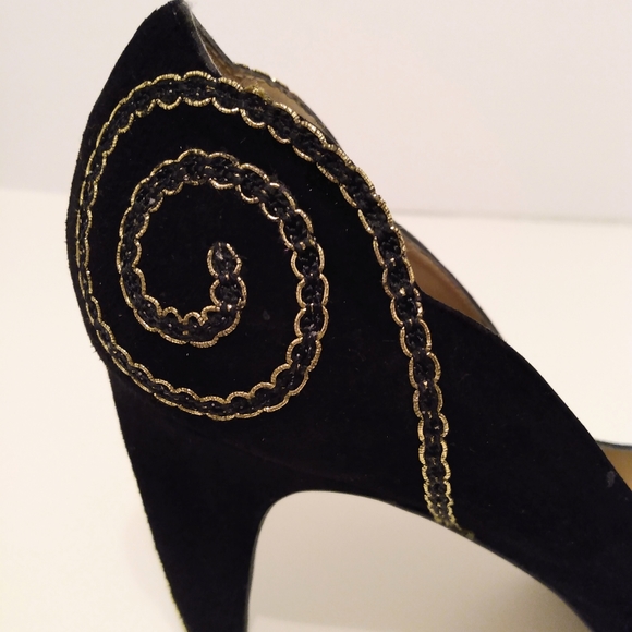Proxy Black Gold Embellished Faux Suede Point Toe Evening Pump 3 1/2" Heels 9 M - Picture 6 of 9